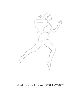 Running woman line art. Silhouette of a lady. A woman is running or jumping in shorts and a tank top. Black and white vector illustration.