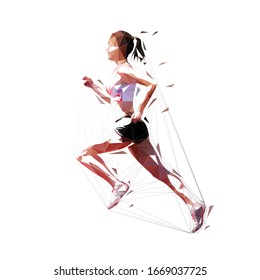 Running Woman, Low Poly Isolated Vector Illustration. Geometric Runner, Side View