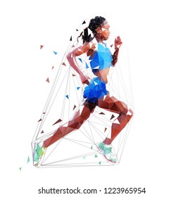 Running woman, low polygonal african american athlete. Isolated vector illustration, side view