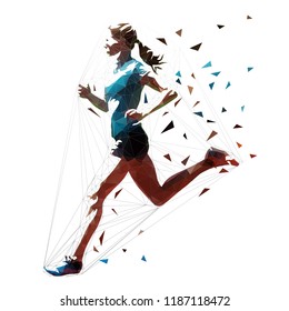 Running woman, low polygonal athlete. Isolated vector illustration, side view