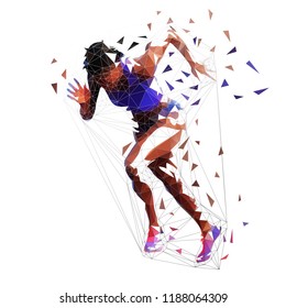 Running woman, low polygonal athlete. Isolated vector illustration, side view. Sprinting african american woman