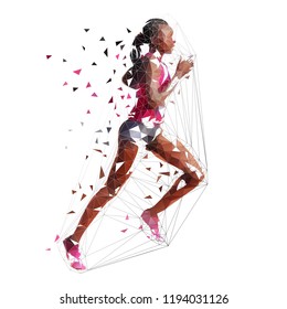 Running woman, low polygonal isolated vector illustration. African american marathon runner, side view. Run, active people