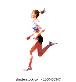 Running woman, low polygonal vector illustration, side view