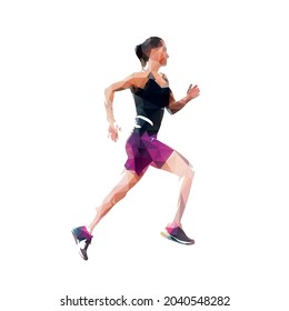 Running woman, low polygonal vector illustration from triangles, side view, isolated geometric vector silhouette. Run