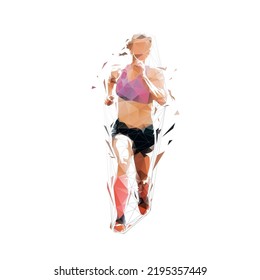 Running woman, low polygonal vector illustration, front view, geometric drawing from triangles. Run logo