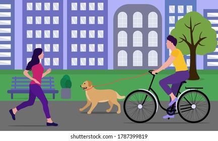Running woman and man on a bike on a walk with a dog in a city park. Sports in the city. Healthy lifestyle concept