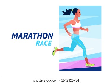 Running woman. Marathon race. Sports competition, workout or exercise, athletics. Active lifestyle. Colorful vector illustration.