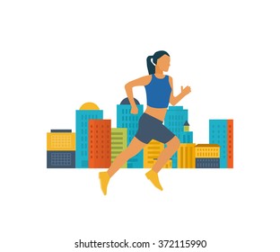 Running woman. Modern flat vector icons of healthy lifestyle, fitness and physical activity. Healthy lifestyle and fitness concept. Urban landscape and city life concept
