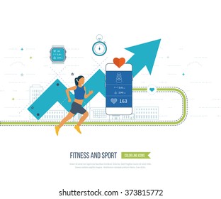Running woman. Modern flat vector icons of healthy lifestyle, fitness and physical activity. 