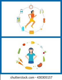 Running woman. Modern flat vector icons of healthy lifestyle, fitness and physical activity. Healthy lifestyle and fitness concept. Icons for cooking, fruits and vegetables. Healthy food.