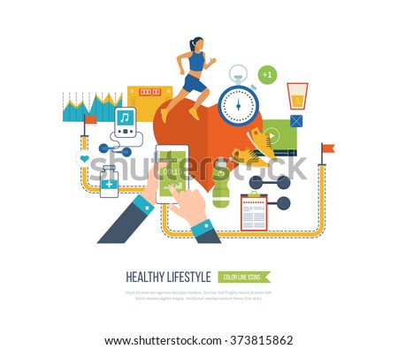 Running woman. Modern flat vector icons of healthy lifestyle, physical activity. Vector mobile phone - fitness app concept on touchscreen. 