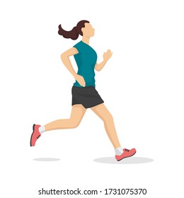 Running woman in modern style vector illustration, healthy person simple flat shadow isolated on white background.