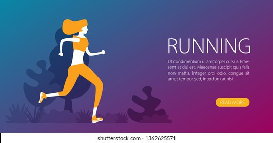 Running woman in motion.Training outdoor flat vector.