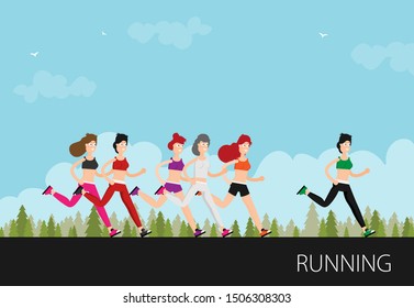 Running woman in motion.Training outdoor flat vector.