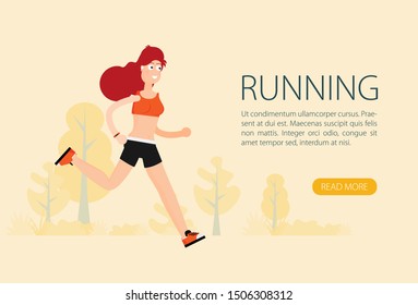 Running woman in motion.Training outdoor flat vector.