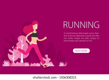 Running woman in motion.Training outdoor flat vector.