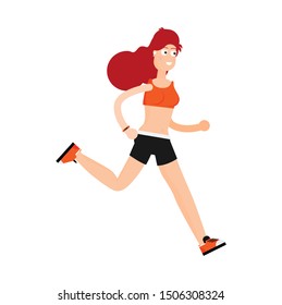 Running woman in motion.Training outdoor flat vector.