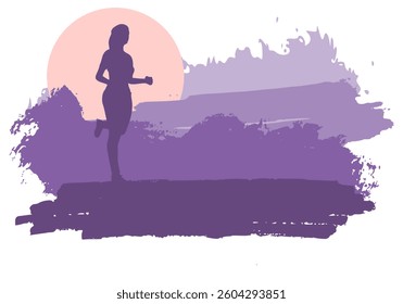 Running woman and mountains. Sunrise brush paint landscape. Sport and recreation concept. Outdoor fitness text