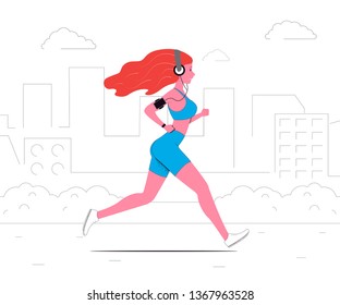Running woman on a background of a city. Jogging with a smartphone. Vector illustration in flat style