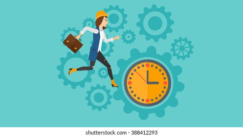 Running woman on clock background.