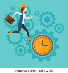 Running woman on clock background.