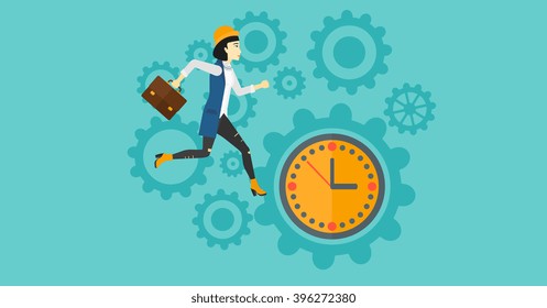Running woman on clock background.