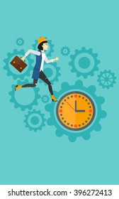 Running woman on clock background.