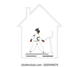 Running woman on treadmill at home. Jogger at fitness club, gym. Fight against hypodynamia. Vector illustration.