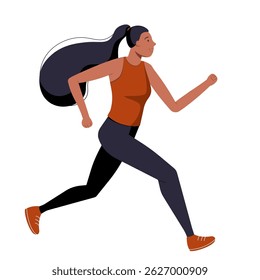 Running woman on white background, sporty female character in motion