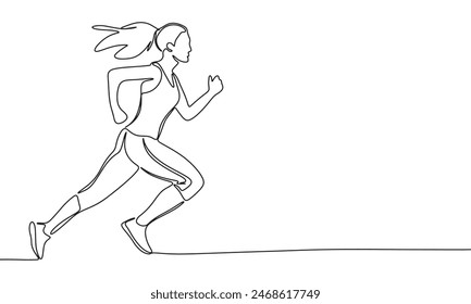 Running woman one line continuous. Woman runs line art. Hand drawn vector art.