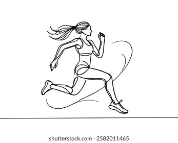 Running woman one line continuous. Woman runs line art. Hand drawn vector art.