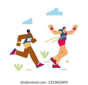 Running woman overtakes a man in marathon race. Marathon run finish scenery with people characters, flat vector illustration isolated on white background.