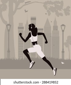 Running woman in the park in  New York. Vector