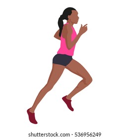 Running woman in pink jersey, flat vector illustration. Side view