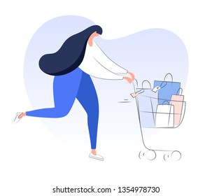 Running woman with purchases carrying a trolley cart full of groceries, bags, purchases, sales concept. Modern flat vector on white.