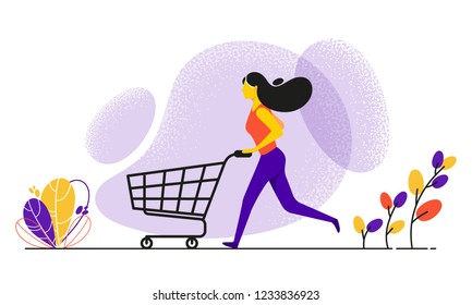 Running woman pushing shopping cart. Concept business vector illustration in flat style