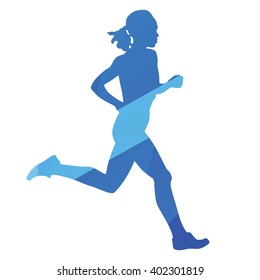 Running woman, run, runner, jog, abstract blue vector silhouette