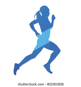 Running woman, run, runner, jog, abstract blue vector silhouette