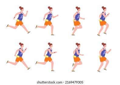 Running woman sequence. Sprite animation run women forward, cycle runner poses jogging leg motion 2d animated fitness athlete profile in sport sneakers vector illustration. Character sport animation