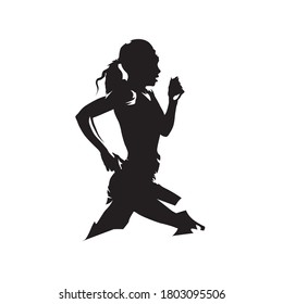 Running woman, side view, abstract isolated vector silhouette. Run logo