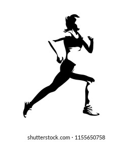 Running woman, side view, isolated vector silhouette. Active girl. Ink drawing