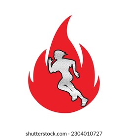 Running woman side view. text vector illustration. inside the shape of fire red color.