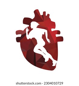 Running woman side view. vector illustration. inside the shape of human heart red pattern color. 