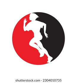Running woman side view. vector illustration. inside the shape of circle red and black color. 