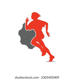 Running woman side view. vector illustration. with the icon of gear cog gray and orange color.