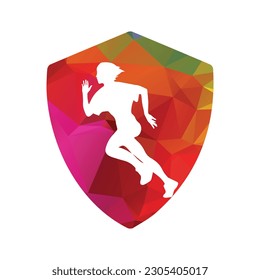 Running woman side view. vector illustration. inside the shape of shield pattern color. 