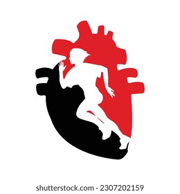 Running woman side view. vector illustration. inside the shape of human heart black and red color. 