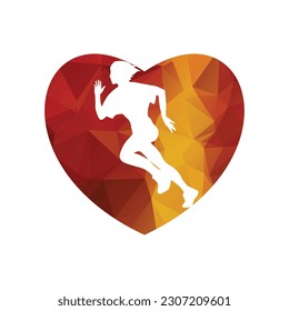 Running woman side view. vector illustration. inside the shape of heart icon. 