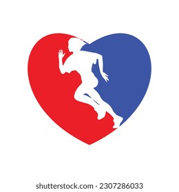 Laufende Frauen-Seitenansicht. Vektorgrafik. in der Form von Herz-Blau und Rot. 