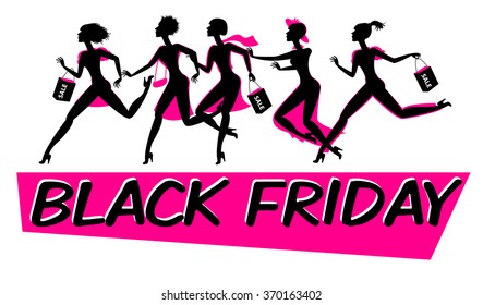 Running woman silhouette with shopping bags. Black friday sale design template. Funny cartoon character. Vector illustration. Isolated on white background